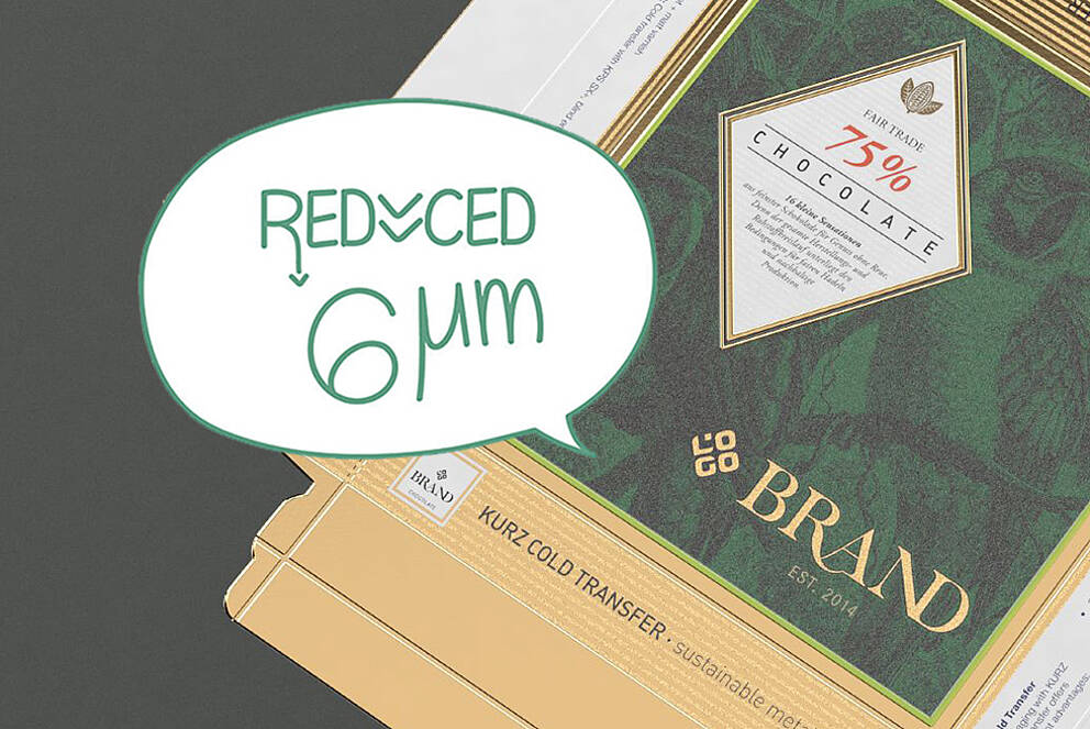 Chocolate packaging with cold foil application with reduced PET substrate