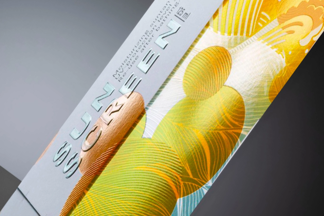 Transparent Relief Effects for Offset, Flexo Printing, Hot-Stamping & More Yellow semi-transparent folding box surface design