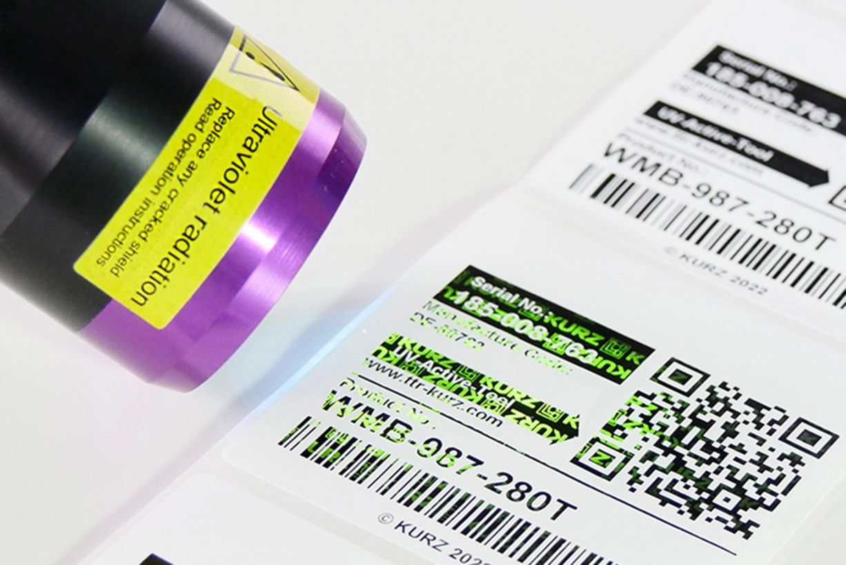 Hidden Security Features for Clear Product Authentication UV lamp reads security features on thermal transfer label